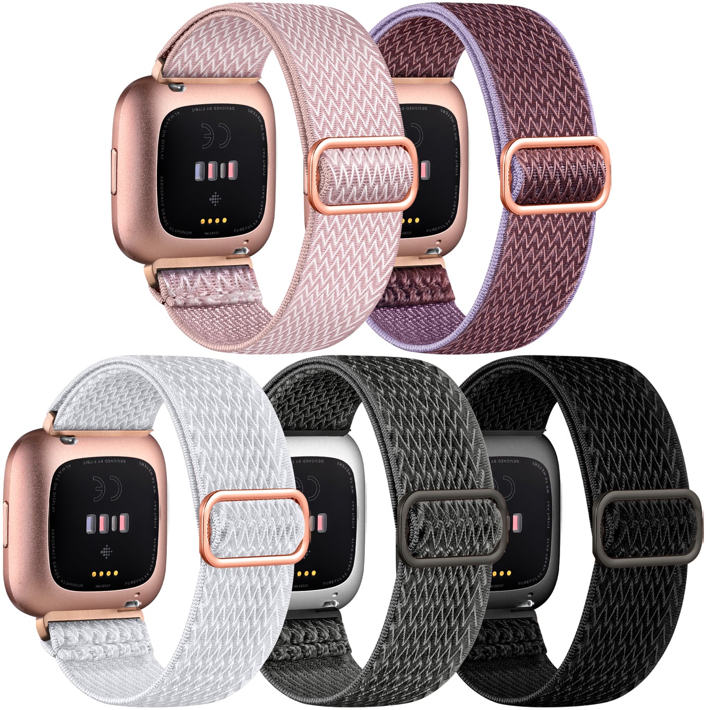 5 Pack Elastic Bands Compatible with Fitbit Versa 2/Versa/Versa Lite/Versa SE Watch Bands for Women Men, Adjustable Stretchy Nylon Solo Loop Sport Strap