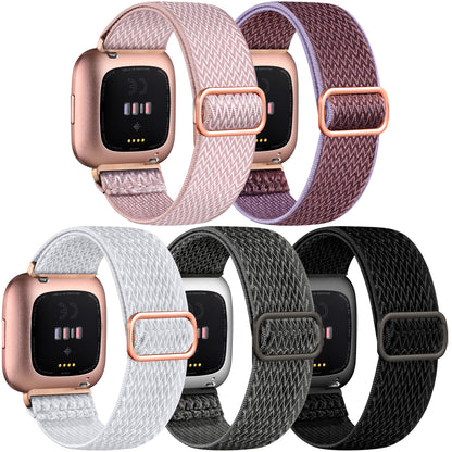 5 Pack Elastic Bands Compatible with Fitbit Versa 2/Versa/Versa Lite/Versa SE Watch Bands for Women Men, Adjustable Stretchy Nylon Solo Loop Sport Strap