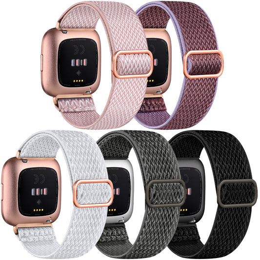 5 Pack Elastic Bands Compatible with Fitbit Versa 2/Versa/Versa Lite/Versa SE Watch Bands for Women Men, Adjustable Stretchy Nylon Solo Loop Sport Strap