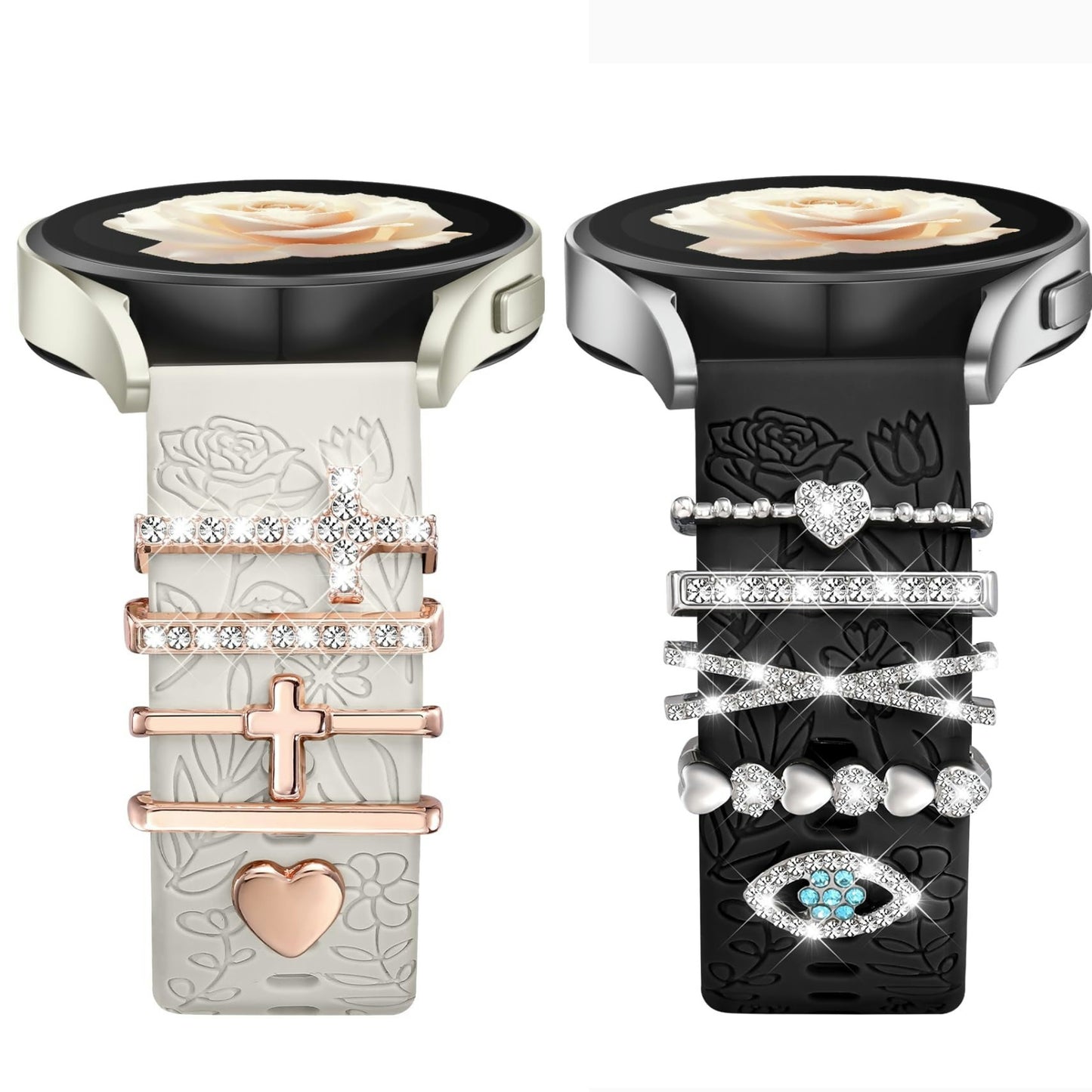 Flower Engraved Bands Compatible with Samsung Galaxy Watch 7 Band 6 5 4 Active 2 FE 40mm 44mm/Watch 6/4 Classic/5 Pro/3, 20mm Soft Silicone Strap with Decorative Charms Accessories for Women