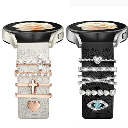 Flower Engraved Bands Compatible with Samsung Galaxy Watch 7 Band 6 5 4 Active 2 FE 40mm 44mm/Watch 6/4 Classic/5 Pro/3, 20mm Soft Silicone Strap with Decorative Charms Accessories for Women
