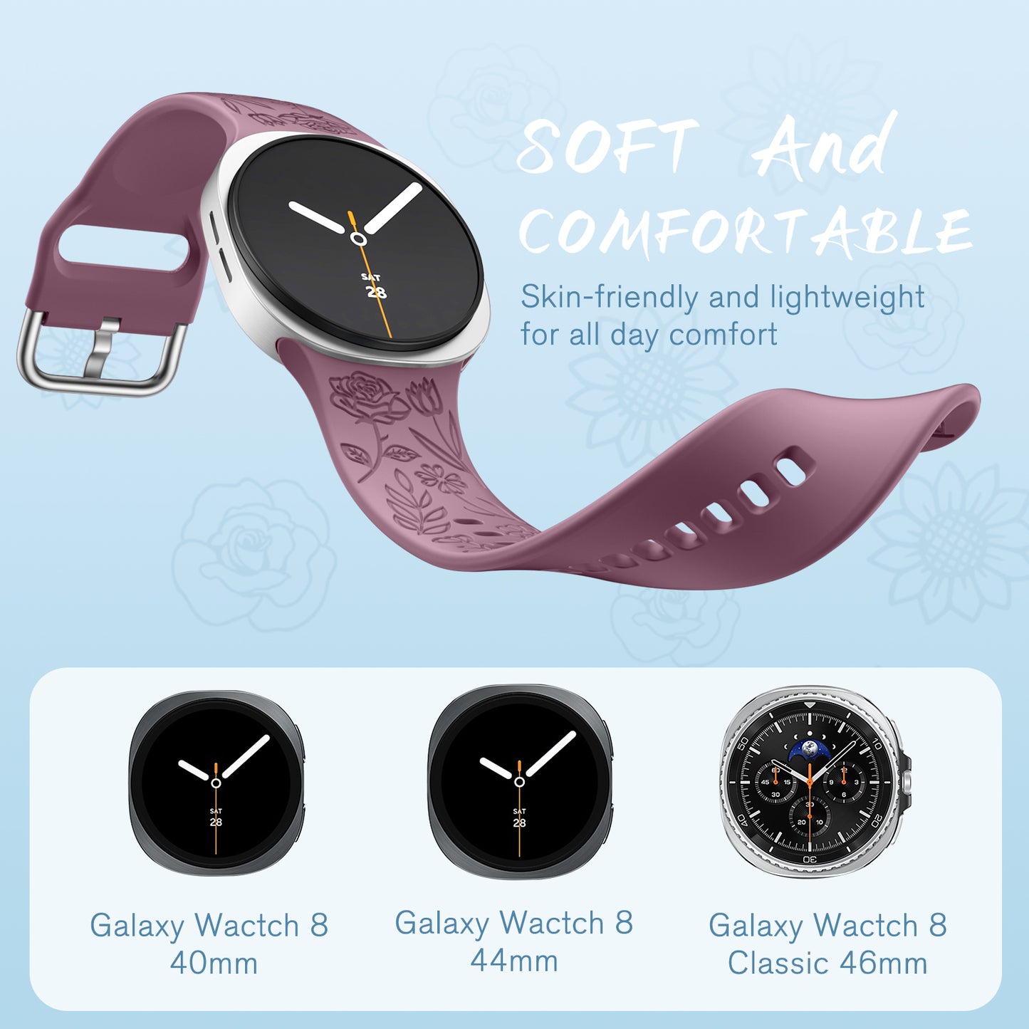 Comvin Floral Engraved Bands Compatible with Samsung Galaxy Watch 8 Band 40mm 44mm/Galaxy Watch 8 Classic Band 46mm for Women Men