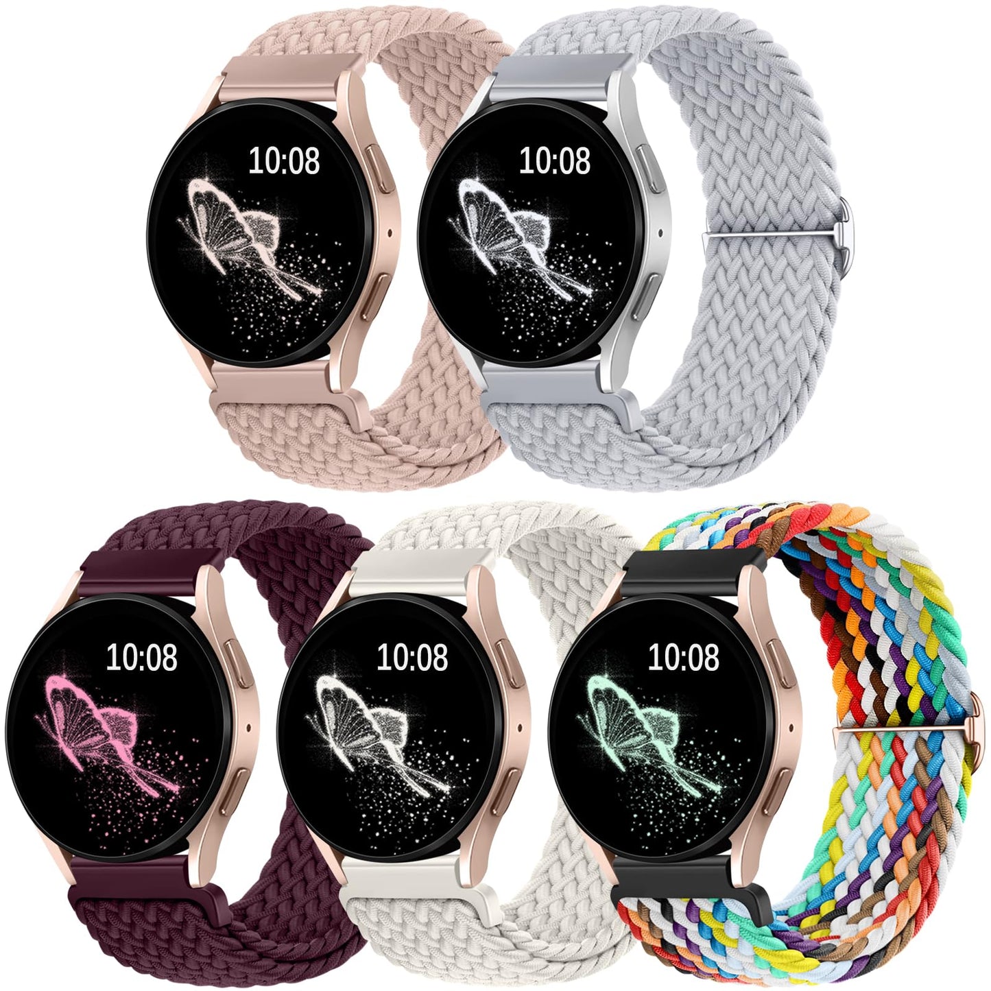 5 Pack Compatible with Samsung Watch Bands for Galaxy Watch 7 6 5 4 40mm 44mm/Watch 6 4 Classic Band 43mm 47mm/Galaxy Watch 5 Pro Band 45mm, 20mm Braided Stretchy Sport Straps Women Men