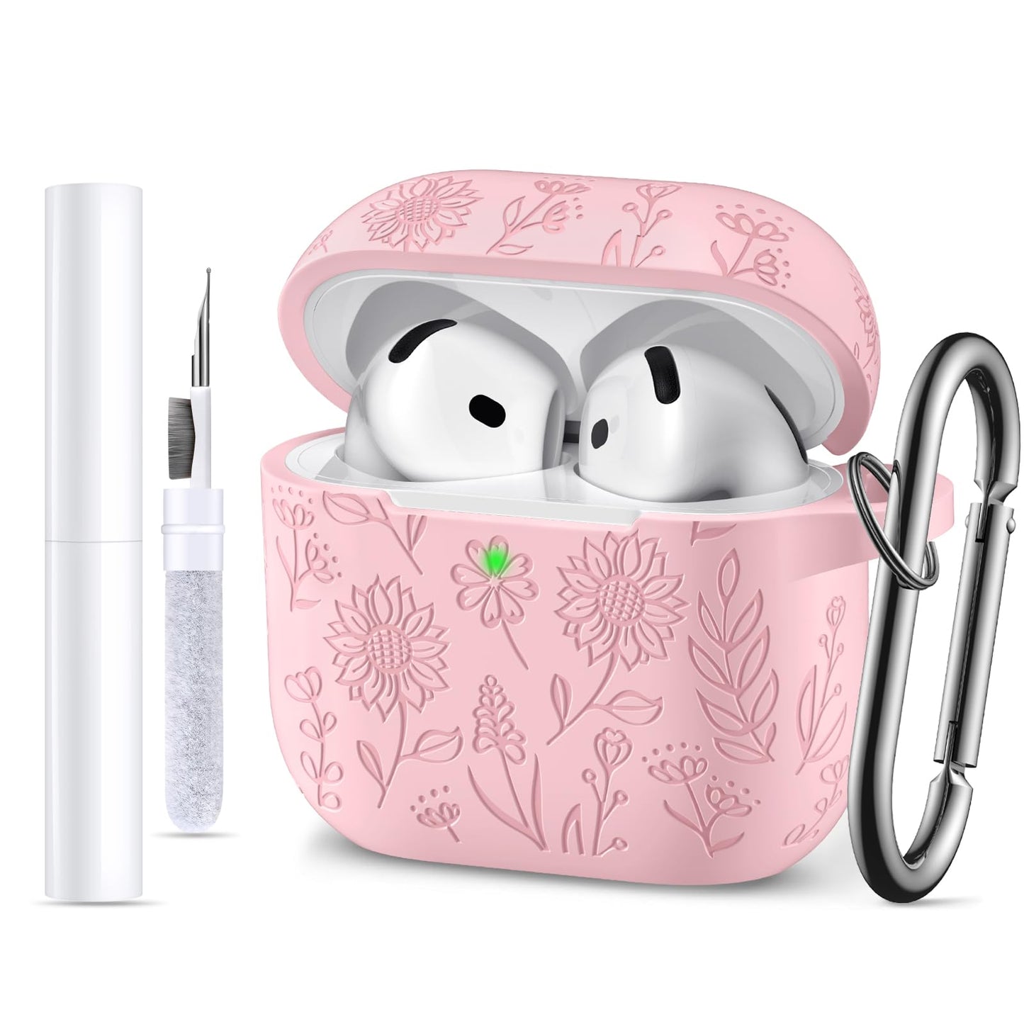 For Airpods 4 Case with Cleaner Kit, Cute Flower Engraved Silicone Protective Case Cover with Keychain Compatible with Apple Airpods 4 Case for Women