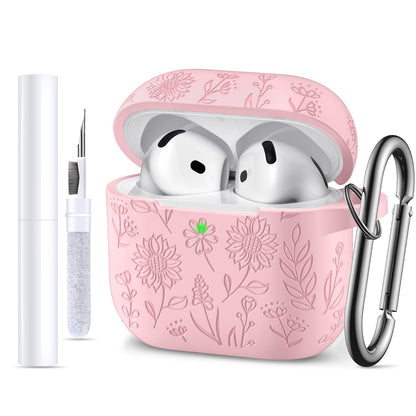 For Airpods 4 Case with Cleaner Kit, Cute Flower Engraved Silicone Protective Case Cover with Keychain Compatible with Apple Airpods 4 Case for Women
