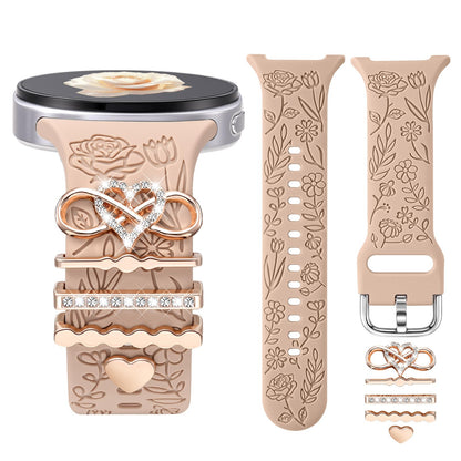 Comvin Flower Engraved Band Compatible with Samsung Galaxy Watch 8 Band 40mm 44mm/Galaxy Watch 8 Classic 46mm, Cute Soft Silicone Band with Charms Accessories for Women (With Band)