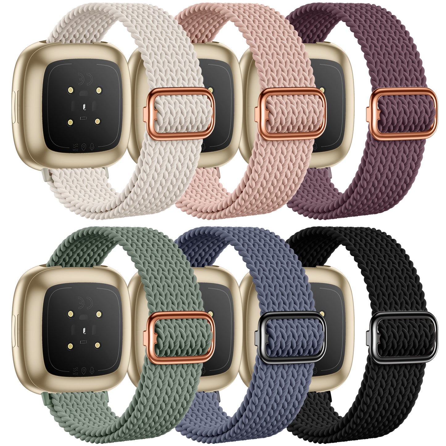 6 Pack Braided Elastic Band Compatible with Fitbit Versa 4/Fitbit Versa 3/Fitbit Sense/Fitbit Sense 2 Bands Women Men, Adjustable Stretchy Solo Loop Nylon Sport Straps Wristband