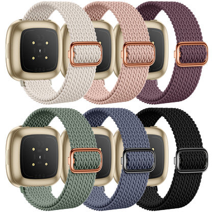 6 Pack Braided Elastic Band Compatible with Fitbit Versa 4/Fitbit Versa 3/Fitbit Sense/Fitbit Sense 2 Bands Women Men, Adjustable Stretchy Solo Loop Nylon Sport Straps Wristband