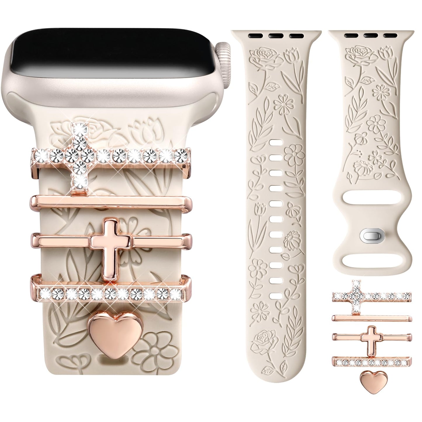 Flower Engraved Band Compatible with Apple Watch Bands for Women 40mm 38mm 41mm, Soft Silicone Band with Decorative Apple Watch Charms for iWatch Series 9 8 7 6 5 4 3 2 1 SE (With Band)