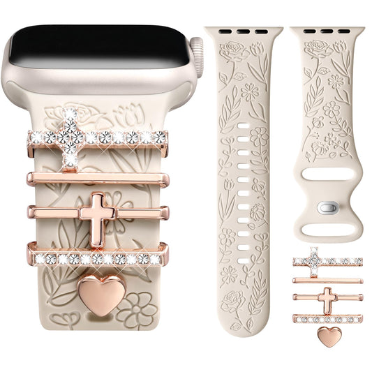 Flower Engraved Band Compatible with Apple Watch Bands for Women 40mm 38mm 41mm, Soft Silicone Band with Decorative Apple Watch Charms for iWatch Series 9 8 7 6 5 4 3 2 1 SE (With Band)