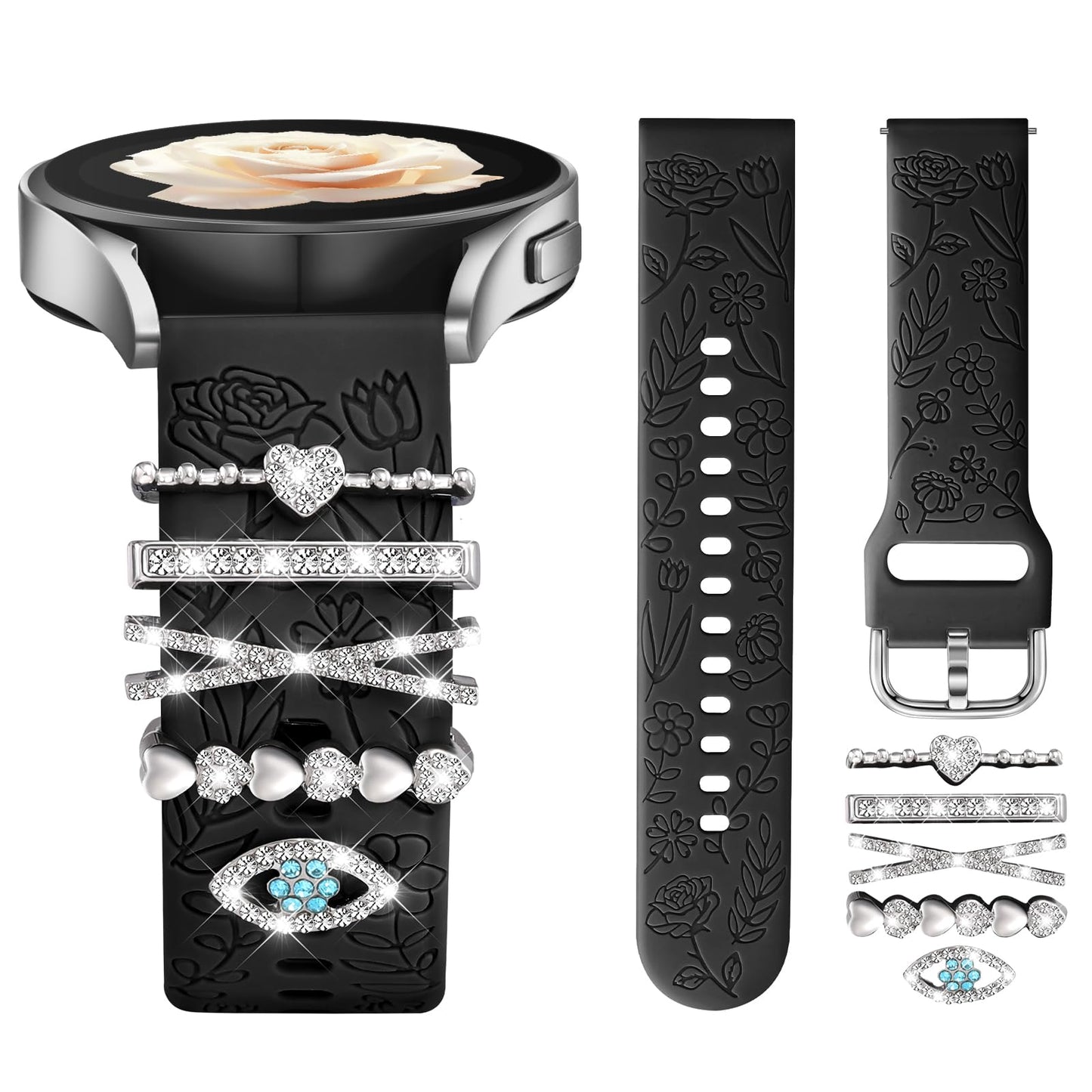 Flower Engraved Bands Compatible with Samsung Galaxy Watch 7 Band 6 5 4 Active 2 FE 40mm 44mm/Watch 6/4 Classic/5 Pro/3, 20mm Soft Silicone Strap with Decorative Charms Accessories for Women