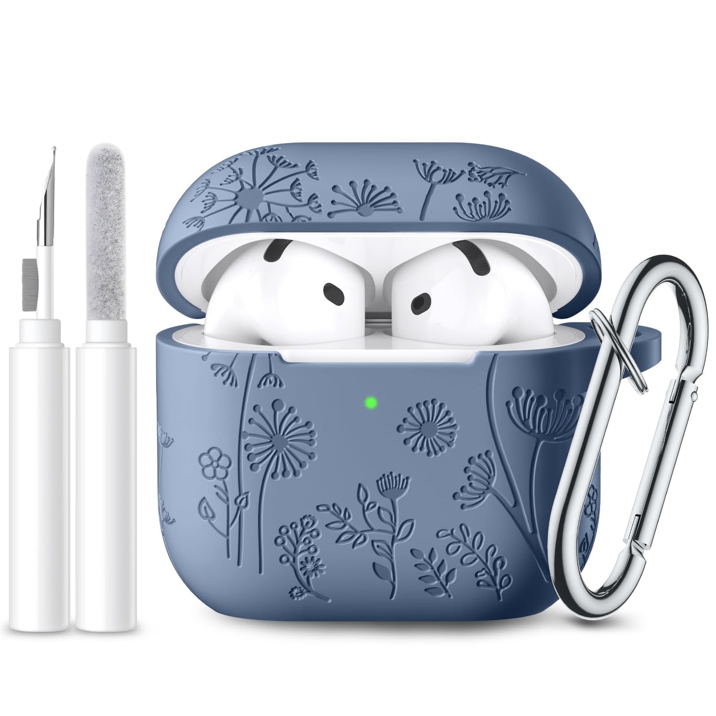for Apple AirPods 4 Case Cover 2024, Cute Flower Engraved Silicone Case for AirPods 4 Case with Cleaner Kit & Keychain for Women Men