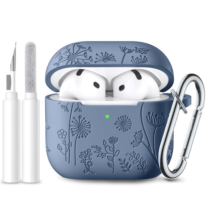 for Apple AirPods 4 Case Cover 2024, Cute Flower Engraved Silicone Case for AirPods 4 Case with Cleaner Kit & Keychain for Women Men