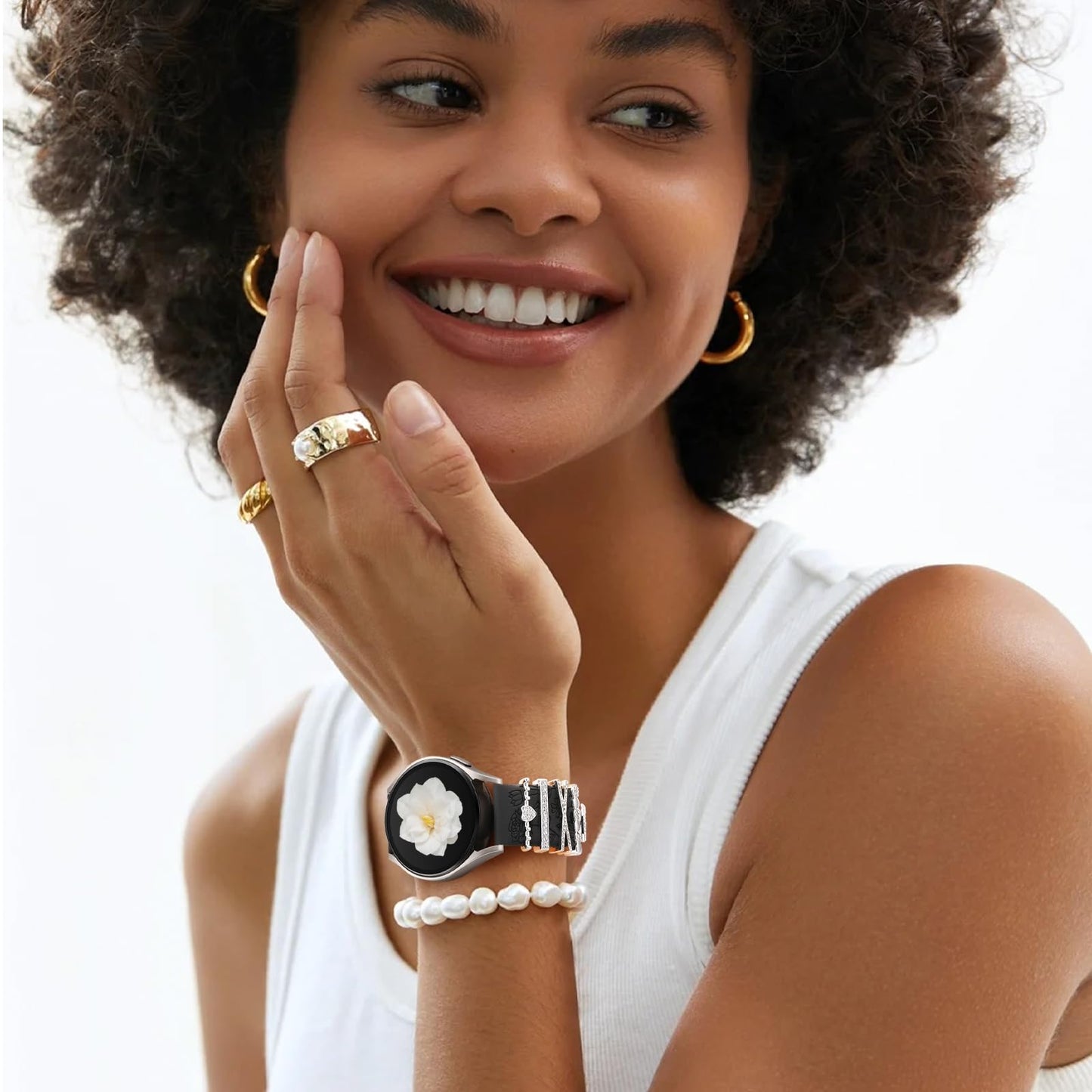 Flower Engraved Bands Compatible with Samsung Galaxy Watch 7 Band 6 5 4 Active 2 FE 40mm 44mm/Watch 6/4 Classic/5 Pro/3, 20mm Soft Silicone Strap with Decorative Charms Accessories for Women