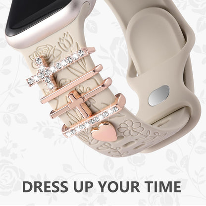 Flower Engraved Band Compatible with Apple Watch Bands for Women 40mm 38mm 41mm, Soft Silicone Band with Decorative Apple Watch Charms for iWatch Series 9 8 7 6 5 4 3 2 1 SE (With Band)