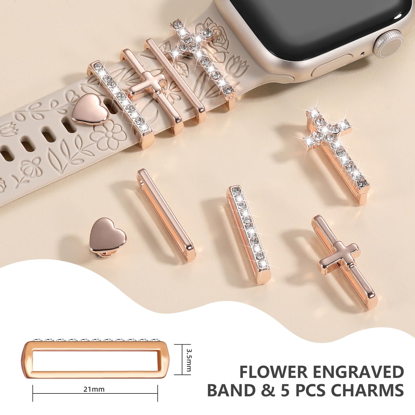 Flower Engraved Band Compatible with Apple Watch Bands for Women 40mm 38mm 41mm, Soft Silicone Band with Decorative Apple Watch Charms for iWatch Series 9 8 7 6 5 4 3 2 1 SE (With Band)