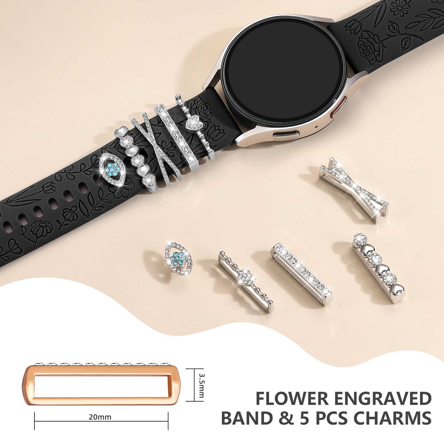 Flower Engraved Bands Compatible with Samsung Galaxy Watch 7 Band 6 5 4 Active 2 FE 40mm 44mm/Watch 6/4 Classic/5 Pro/3, 20mm Soft Silicone Strap with Decorative Charms Accessories for Women