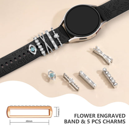 Flower Engraved Bands Compatible with Samsung Galaxy Watch 7 Band 6 5 4 Active 2 FE 40mm 44mm/Watch 6/4 Classic/5 Pro/3, 20mm Soft Silicone Strap with Decorative Charms Accessories for Women
