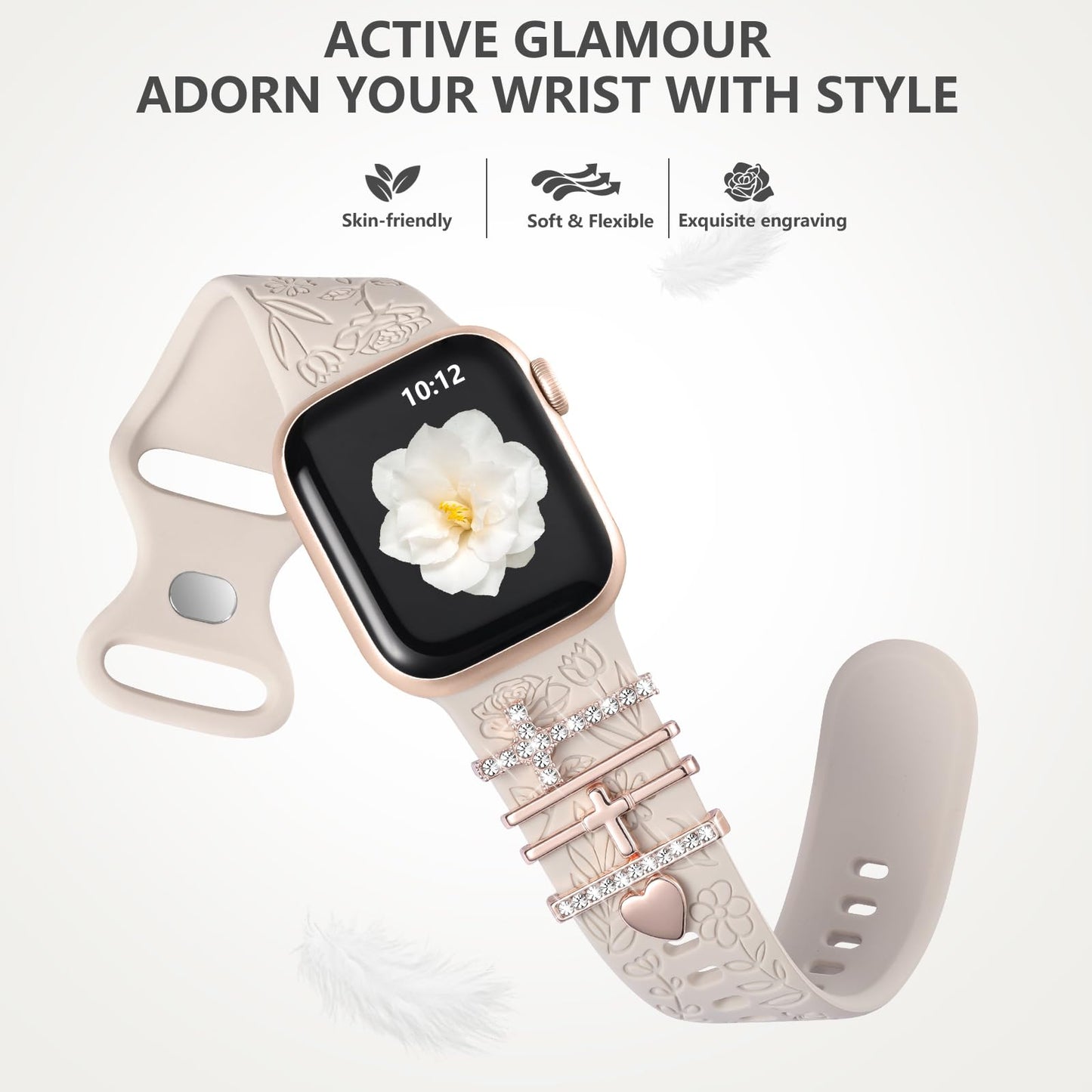 Flower Engraved Band Compatible with Apple Watch Bands for Women 40mm 38mm 41mm, Soft Silicone Band with Decorative Apple Watch Charms for iWatch Series 9 8 7 6 5 4 3 2 1 SE (With Band)