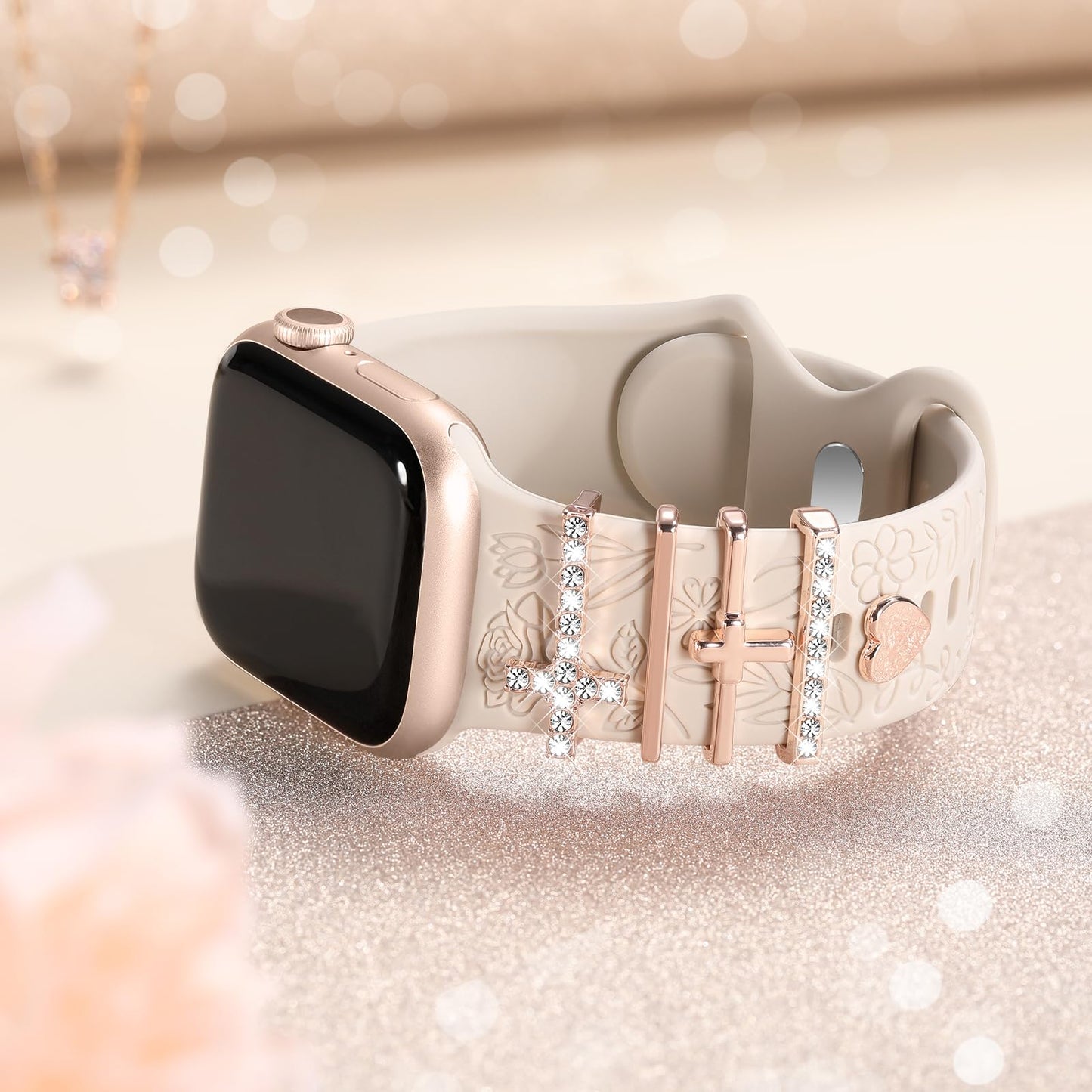 Flower Engraved Band Compatible with Apple Watch Bands for Women 40mm 38mm 41mm, Soft Silicone Band with Decorative Apple Watch Charms for iWatch Series 9 8 7 6 5 4 3 2 1 SE (With Band)