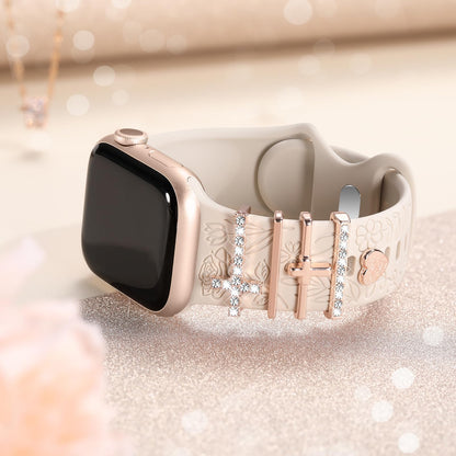 Flower Engraved Band Compatible with Apple Watch Bands for Women 40mm 38mm 41mm, Soft Silicone Band with Decorative Apple Watch Charms for iWatch Series 9 8 7 6 5 4 3 2 1 SE (With Band)