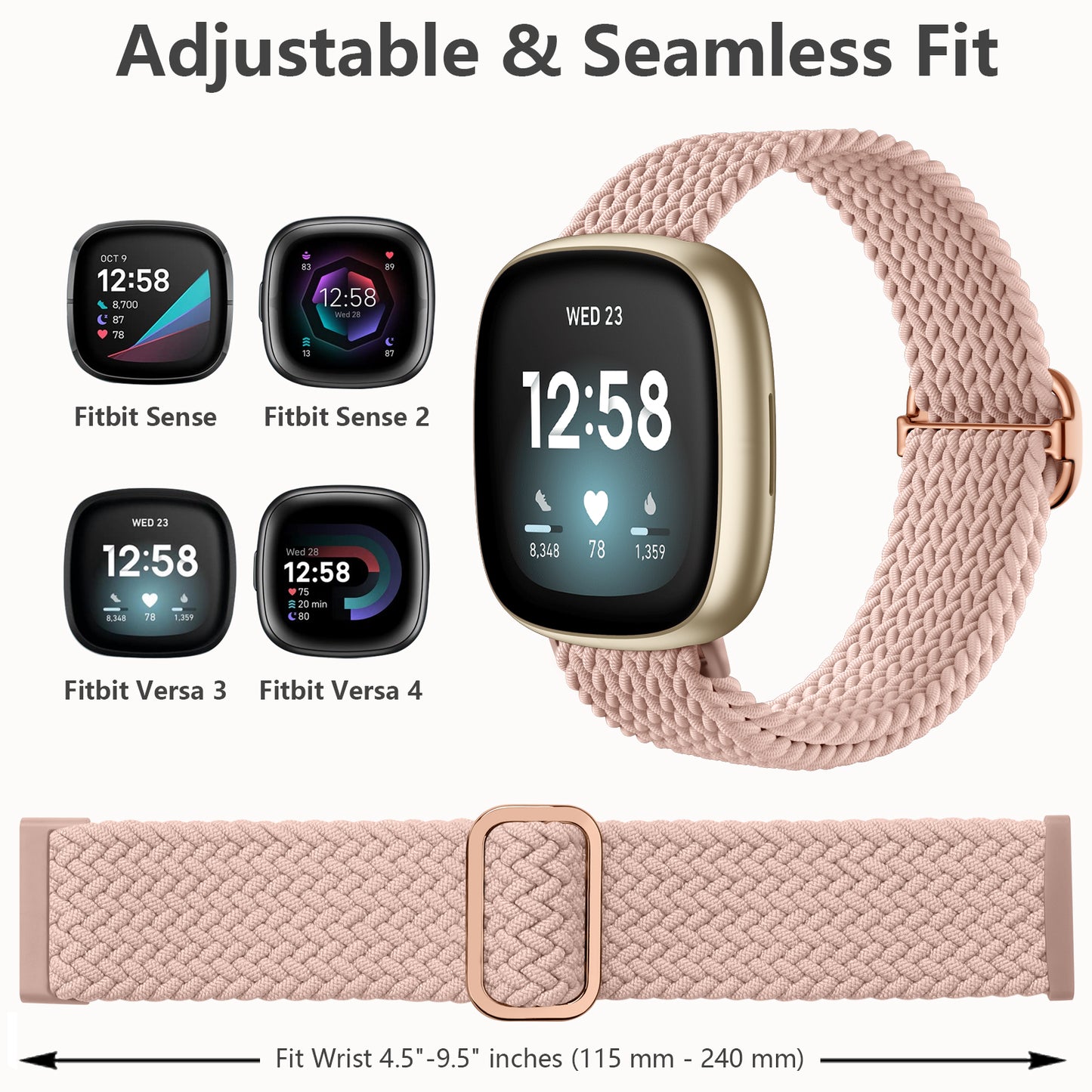 6 Pack Braided Elastic Band Compatible with Fitbit Versa 4/Fitbit Versa 3/Fitbit Sense/Fitbit Sense 2 Bands Women Men, Adjustable Stretchy Solo Loop Nylon Sport Straps Wristband