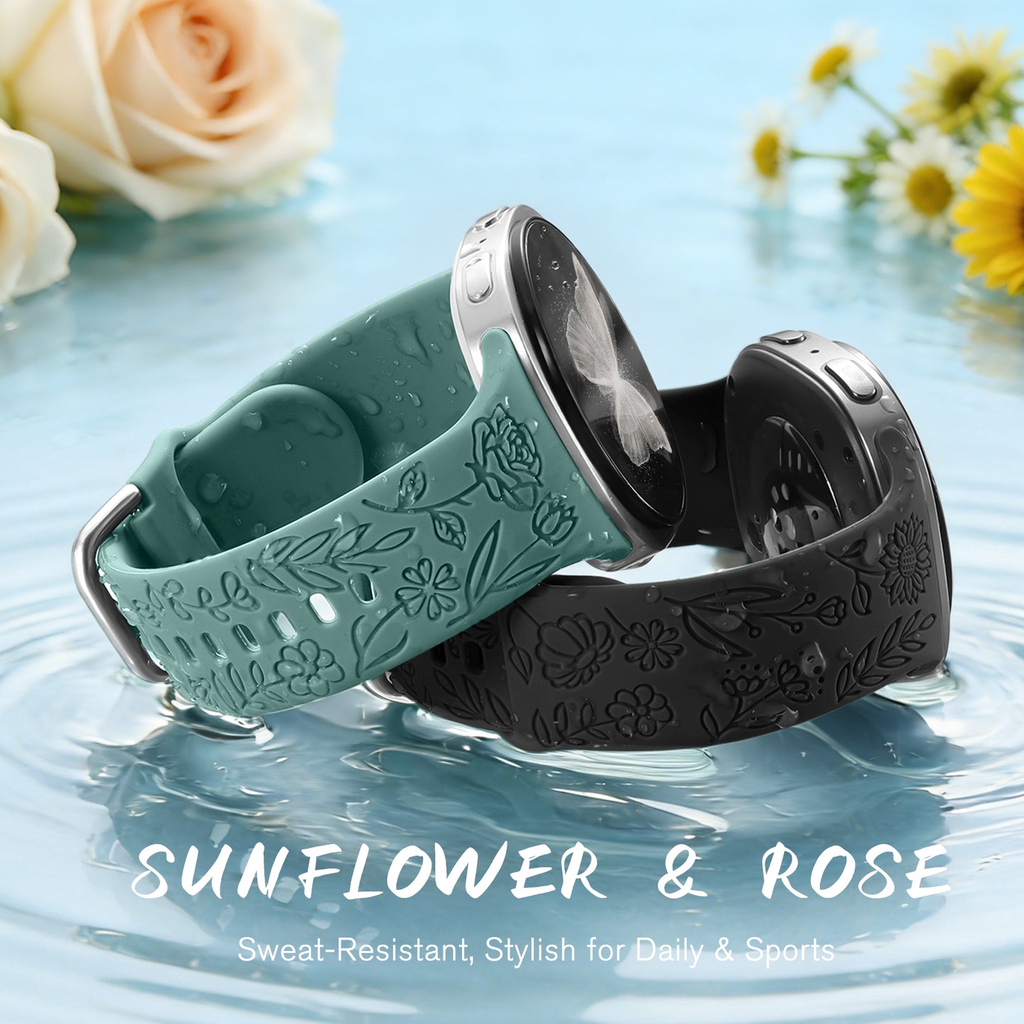 Comvin Floral Engraved Bands Compatible with Samsung Galaxy Watch 8 Band 40mm 44mm/Galaxy Watch 8 Classic Band 46mm for Women Men