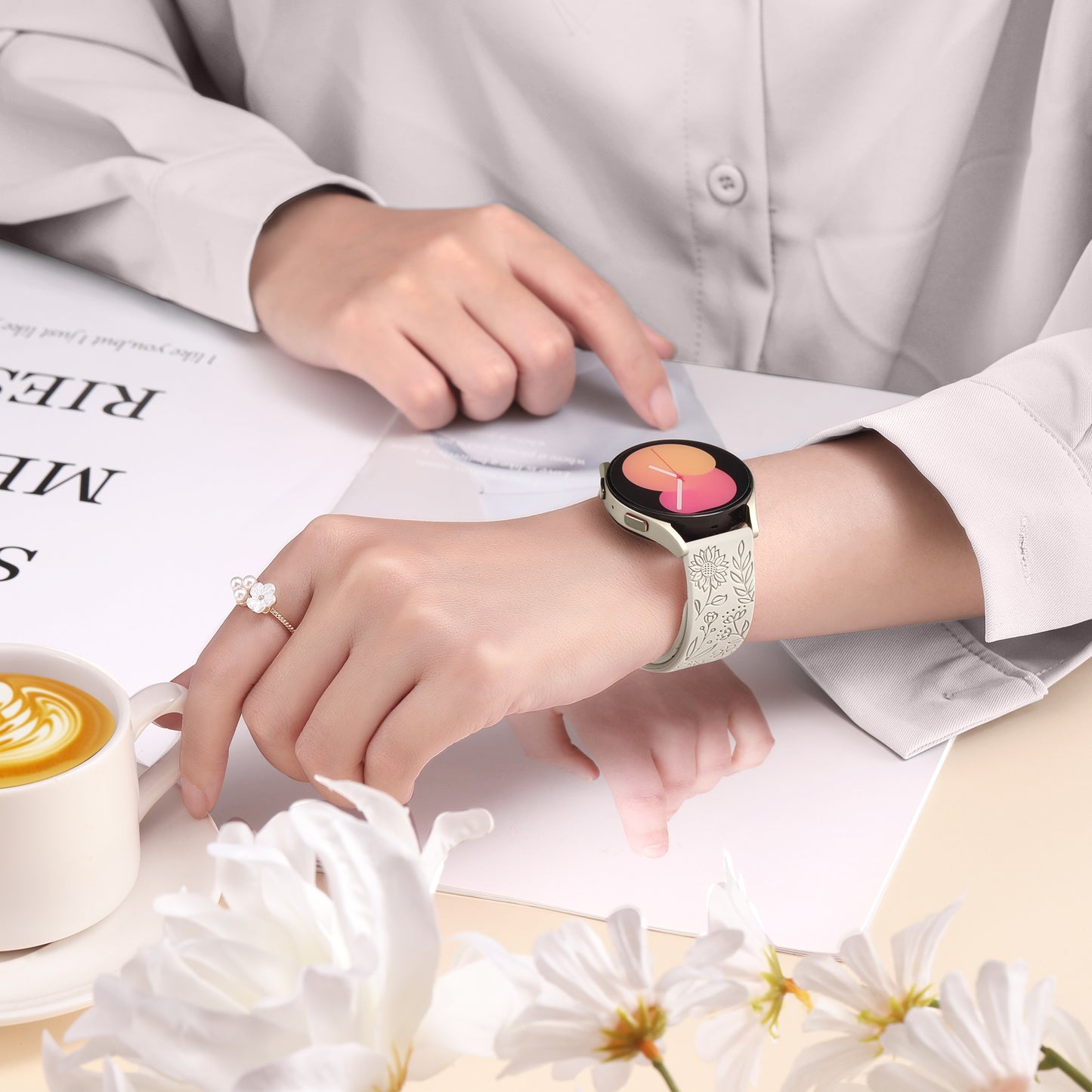 Comvin Compatible With Samsung Galaxy Watch 7 6 5 4 Bands 40mm 44mm/Watch 6 Classic 47mm 43mm/Watch 5 Pro Bands 45mm for Women Lady Girl, Silicone Dressy Fancy Floral Wristbands