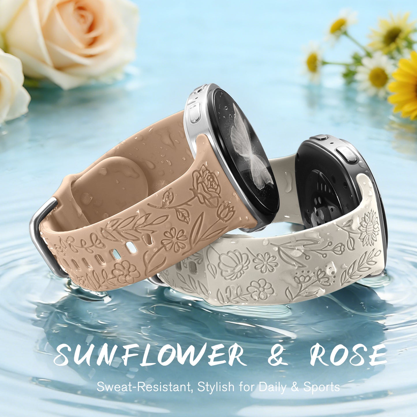 Comvin Floral Engraved Bands Compatible with Samsung Galaxy Watch 8 Band 40mm 44mm/Galaxy Watch 8 Classic Band 46mm for Women Men