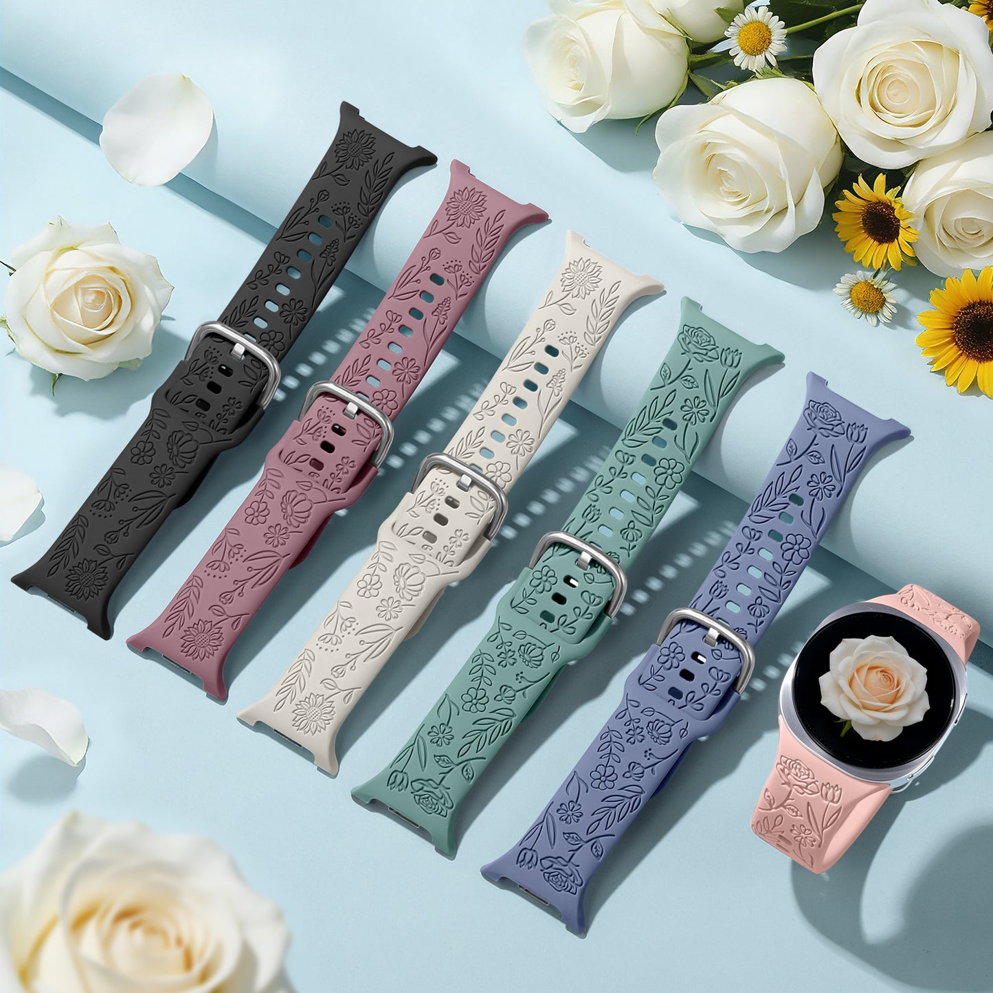 Comvin Floral Engraved Bands Compatible with Samsung Galaxy Watch 8 Band 40mm 44mm/Galaxy Watch 8 Classic Band 46mm for Women Men
