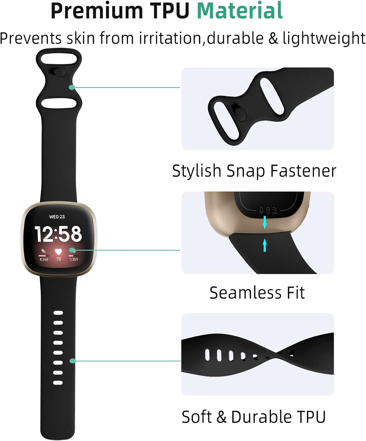Comvin Compatible With Fitbit Versa 3/Versa 4/Sense 2/Sense Bands for Women Men, Soft Sport Silicone Wristbands
