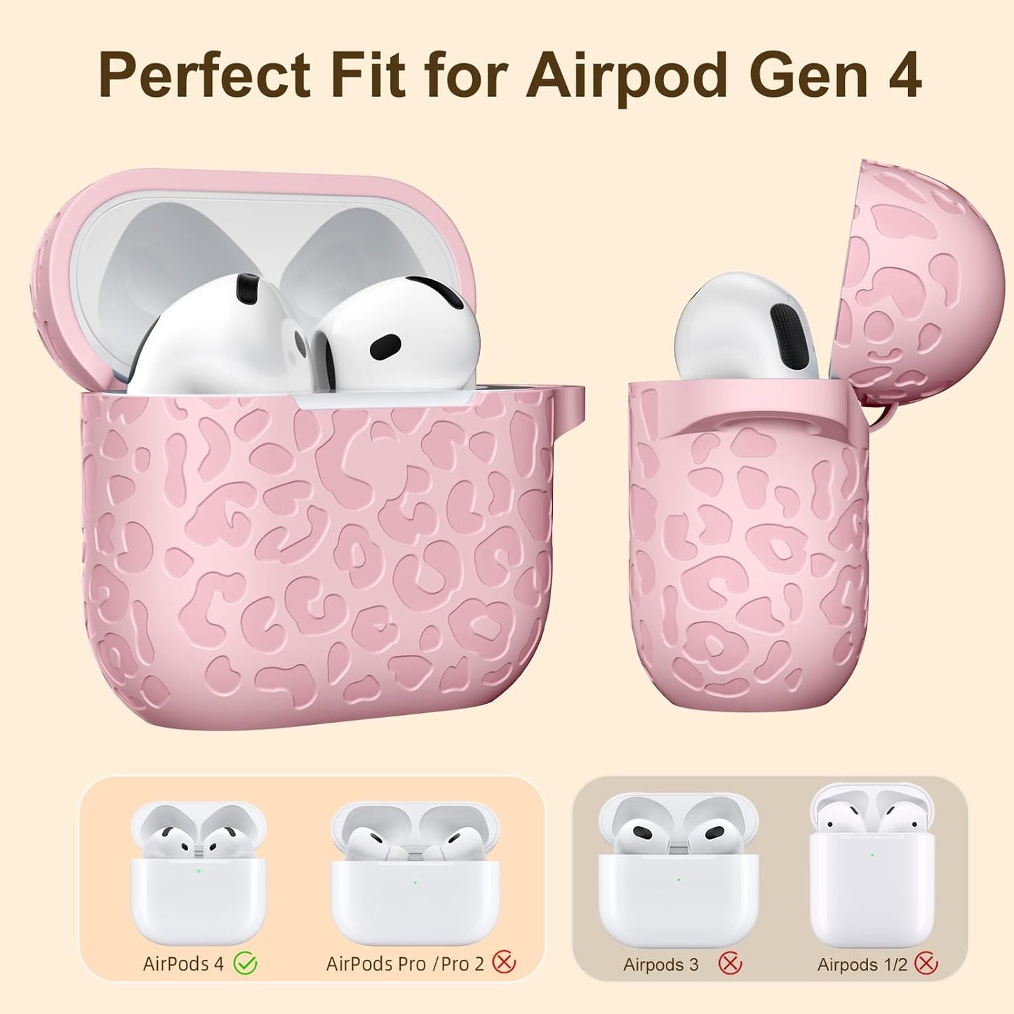 Comvin For AirPods 4 Case Cover 2024 for Women Men, Leopard, Silicone, Pink