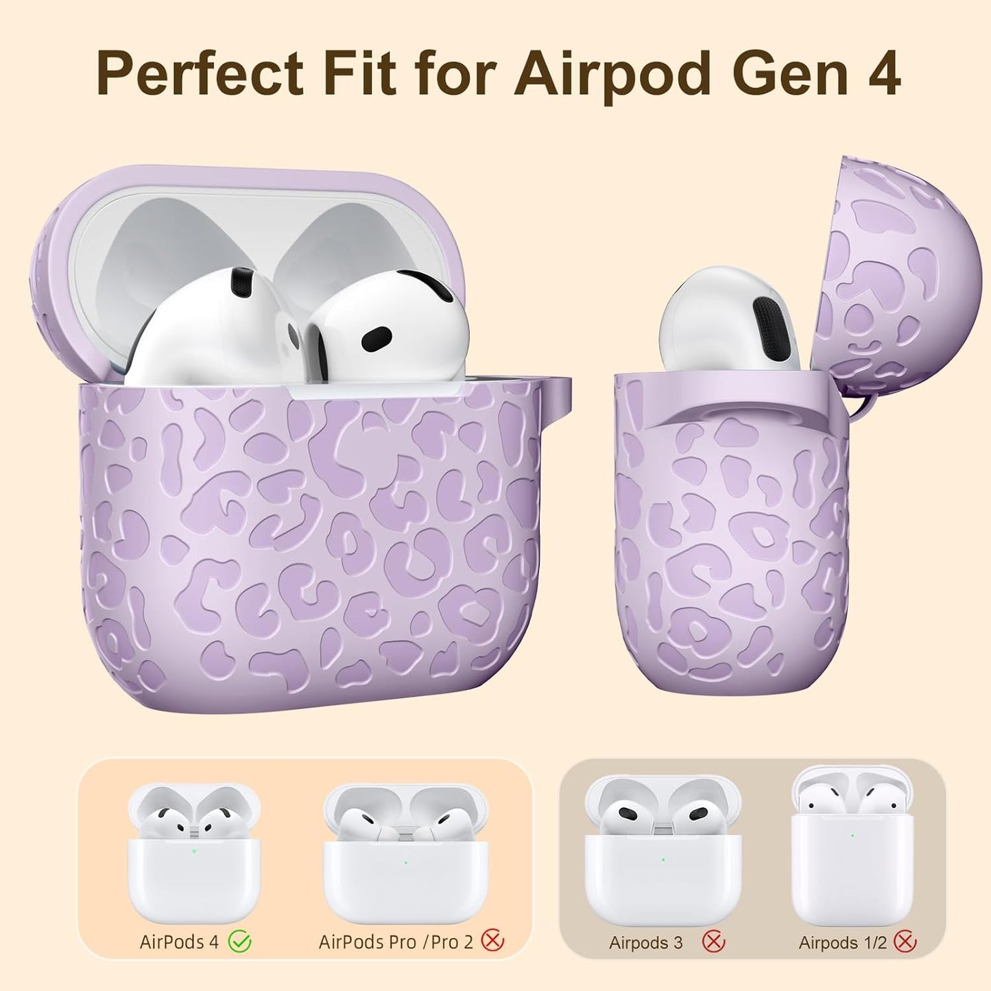 Comvin For Apple AirPods 4 Case Cover 2024 for Women Men, Leopard, Silicone, Lavender