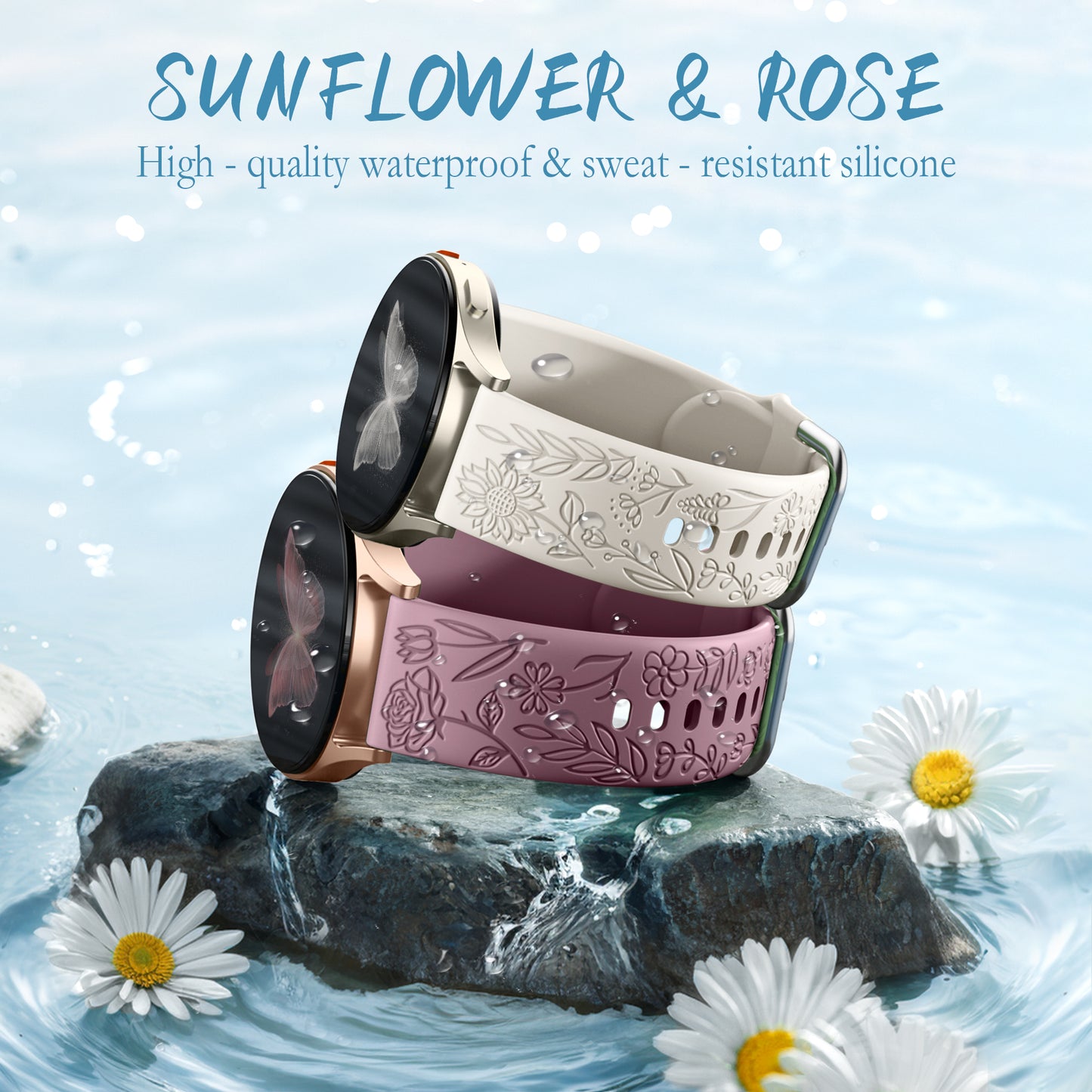 Comvin Compatible With Samsung Galaxy Watch 7 6 5 4 Bands 40mm 44mm/Watch 6 Classic 47mm 43mm/Watch 5 Pro Bands 45mm for Women Lady Girl, Silicone Dressy Fancy Floral Wristbands