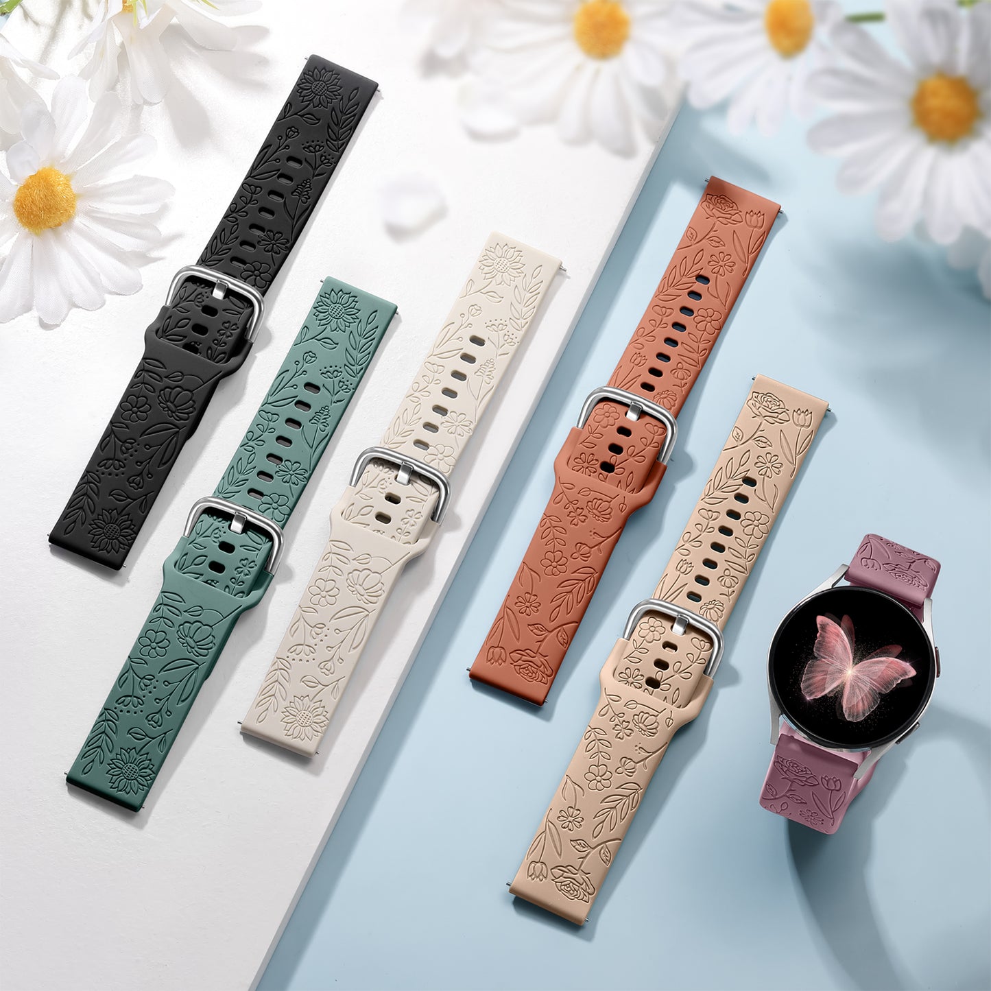 Comvin Compatible With Samsung Galaxy Watch 7 6 5 4 Bands 40mm 44mm/Watch 6 Classic 47mm 43mm/Watch 5 Pro Bands 45mm for Women Lady Girl, Silicone Dressy Fancy Floral Wristbands
