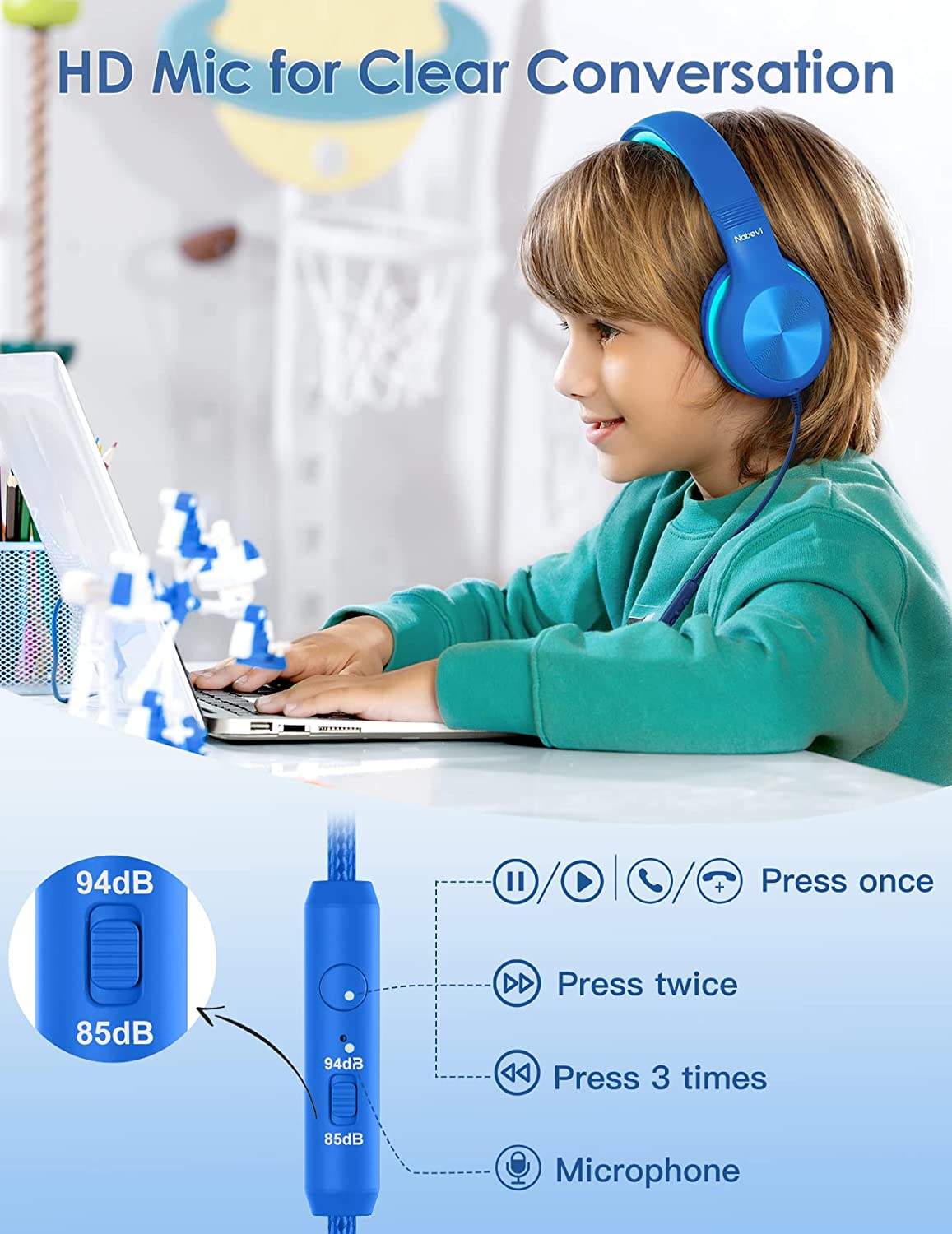 Comvin Kids Headphones for School, Foldable Wired Headphones for Kids Toddlers Boys Girls with Sharing Function & Safe Volume Limited