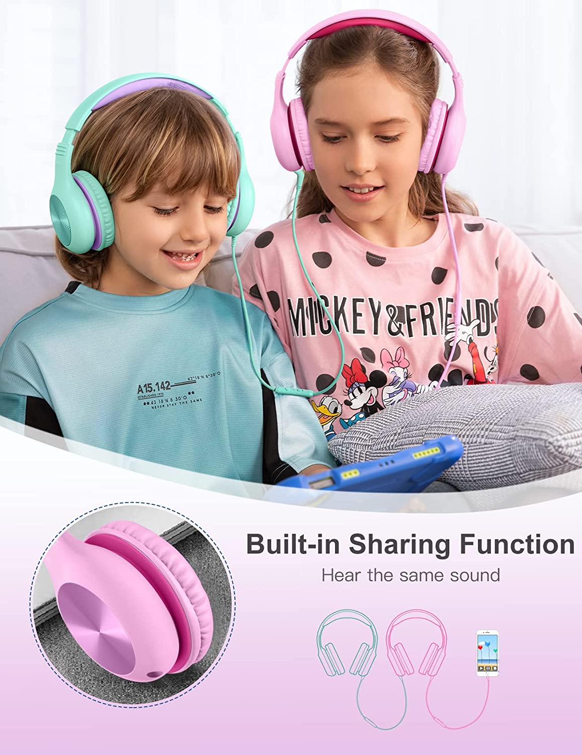 Comvin Wired Kids Headphones for School, Foldable Over-Ear Headphones for Kids Toddlers Boys Girls with Sharing Function & Safe Volume Limited