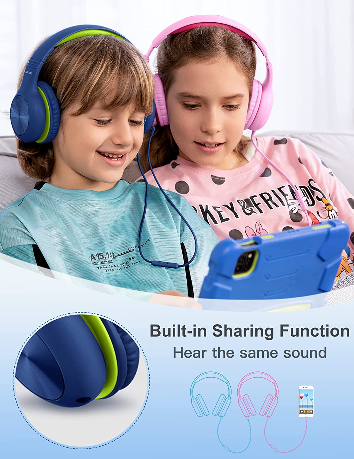 Comvin Wired Kids Headphones for School, Foldable Over-Ear Headphones for Kids Toddlers Boys Girls with Sharing Function & Safe Volume Limited