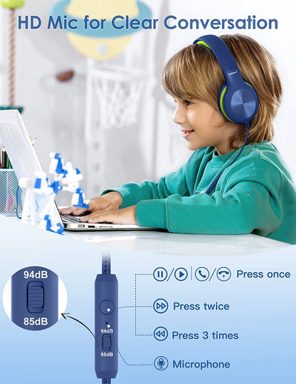 Comvin Wired Kids Headphones for School, Foldable Over-Ear Headphones for Kids Toddlers Boys Girls with Sharing Function & Safe Volume Limited