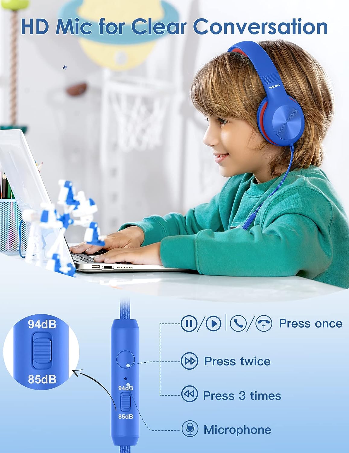 Comvin Kids Headphones for School, Foldable Wired Headphones for Kids Toddlers Boys Girls with Sharing Function & Safe Volume Limited