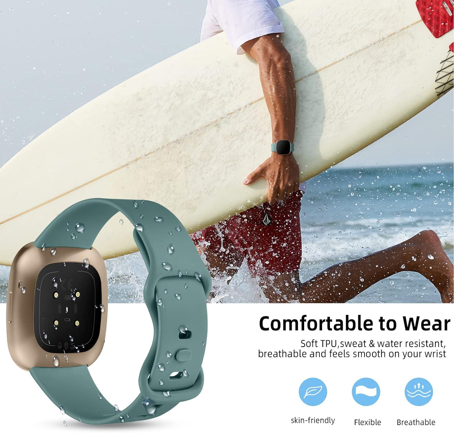 Comvin Compatible With Fitbit Versa 3/Versa 4/Sense 2/Sense Bands for Women Men, Soft Sport Silicone Wristbands