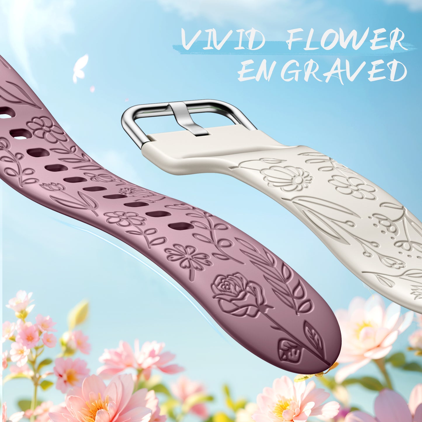 Comvin Compatible With Samsung Galaxy Watch 7 6 5 4 Bands 40mm 44mm/Watch 6 Classic 47mm 43mm/Watch 5 Pro Bands 45mm for Women Lady Girl, Silicone Dressy Fancy Floral Wristbands